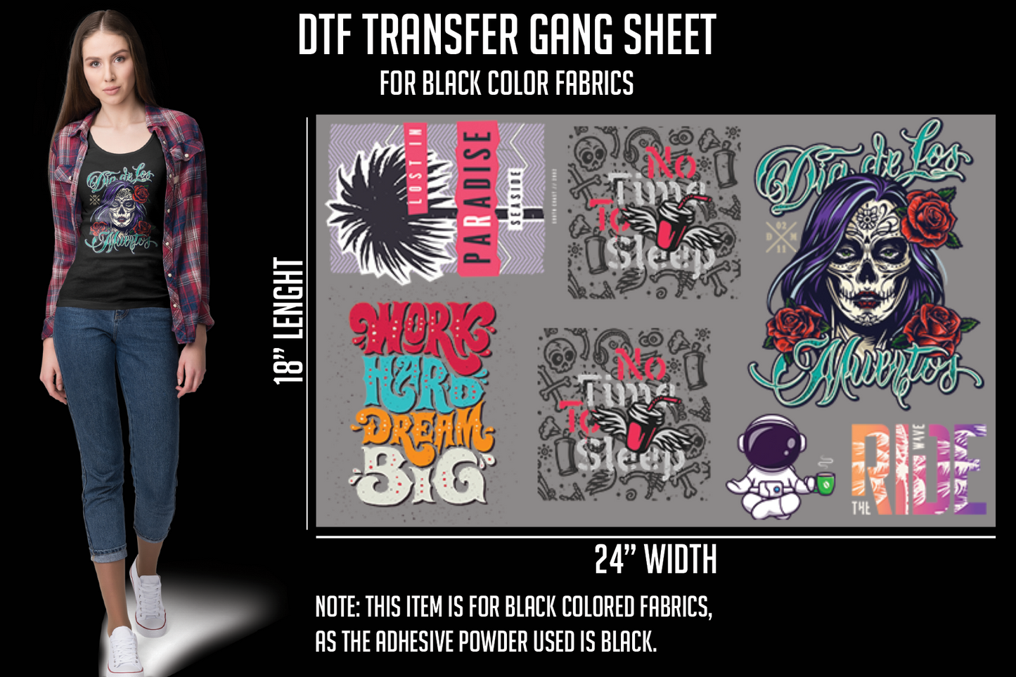 DTF Transfer Gang Sheet 24"W x 18"L For Black Garments