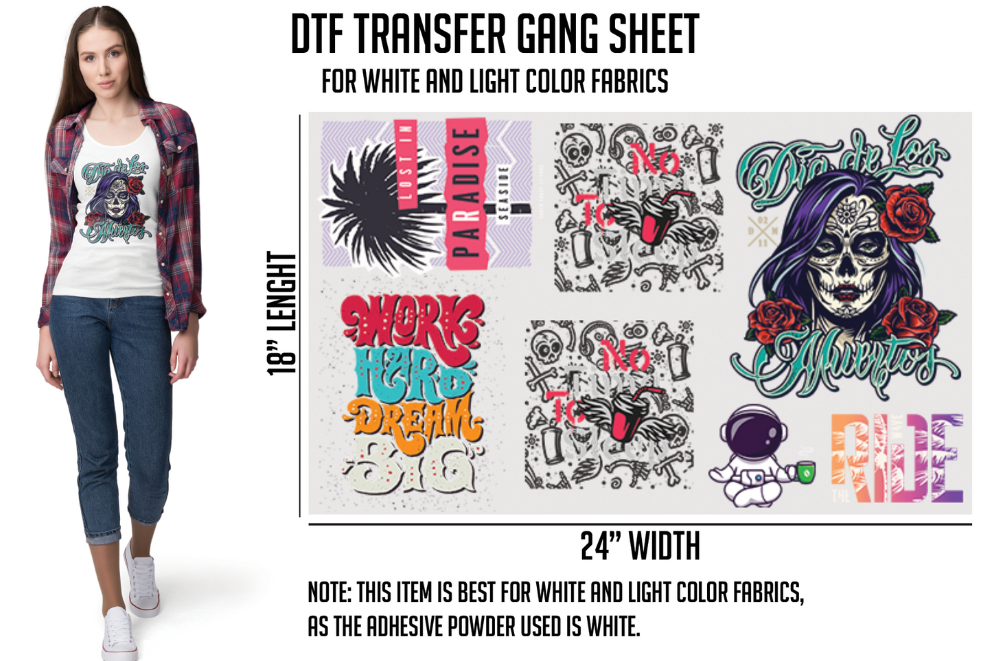 DTF Transfer Gang Sheet 24"W x 18"L For White Or Light Color Garments